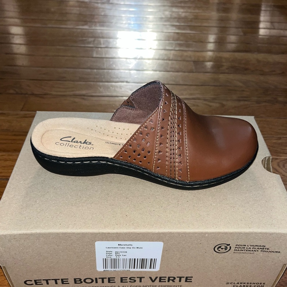 NEW Clarks Leather Laurieann Ease Slip On Mule Flats Dark Tan Women’s Size 5.5 - Picture 7 of 11
